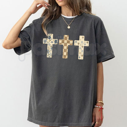 Comfort Colors® Vintage Floral Crosses Christian Aesthetic T-Shirt – Retro Faith Graphic Tee, Botanical Cottagecore Unisex Top & Faith Gift