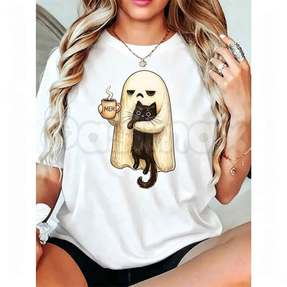 Ghost Cat Spooky Black Cat Halloween T-Shirt – Funny Coffee Lover Spooky Season Unisex Tee