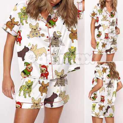Christmas French Bulldog Satin Pajama Set for Women - Comfy Silky Sleepwear & Loungewear PJs