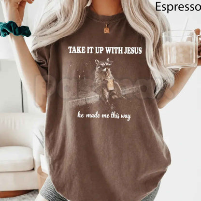 Comfort Colors® Grunge Raccoon Bubble Tea T-Shirt – Funny Take It Up With Jesus Graphic Tee, Retro Trash Panda Unisex Top & Gift