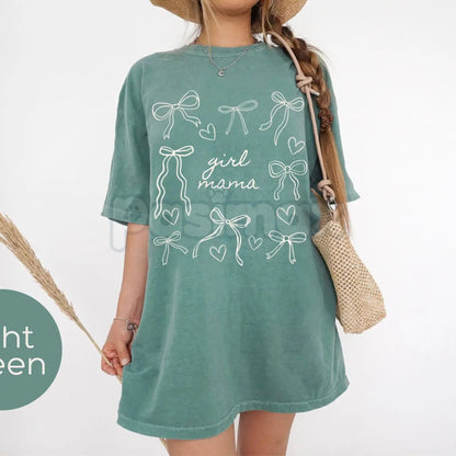 Comfort Colors® Script Girl Mama Heart T-Shirt – Retro Minimalist Bow Tee, Dainty Ribbon Motherhood Shirt, Aesthetic Gift for Girl Mom