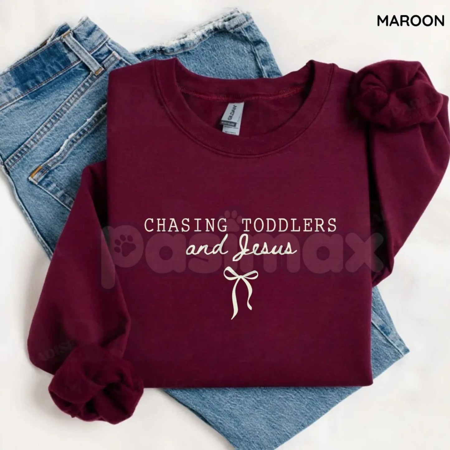 Chasing Jesus and Toddlers Sweatshirt | Coquette Christian Bow Crewneck | Aesthetic Faith Based Mom Jumper | Christian Motherhood Gift | Dainty Religious Bow Pullover