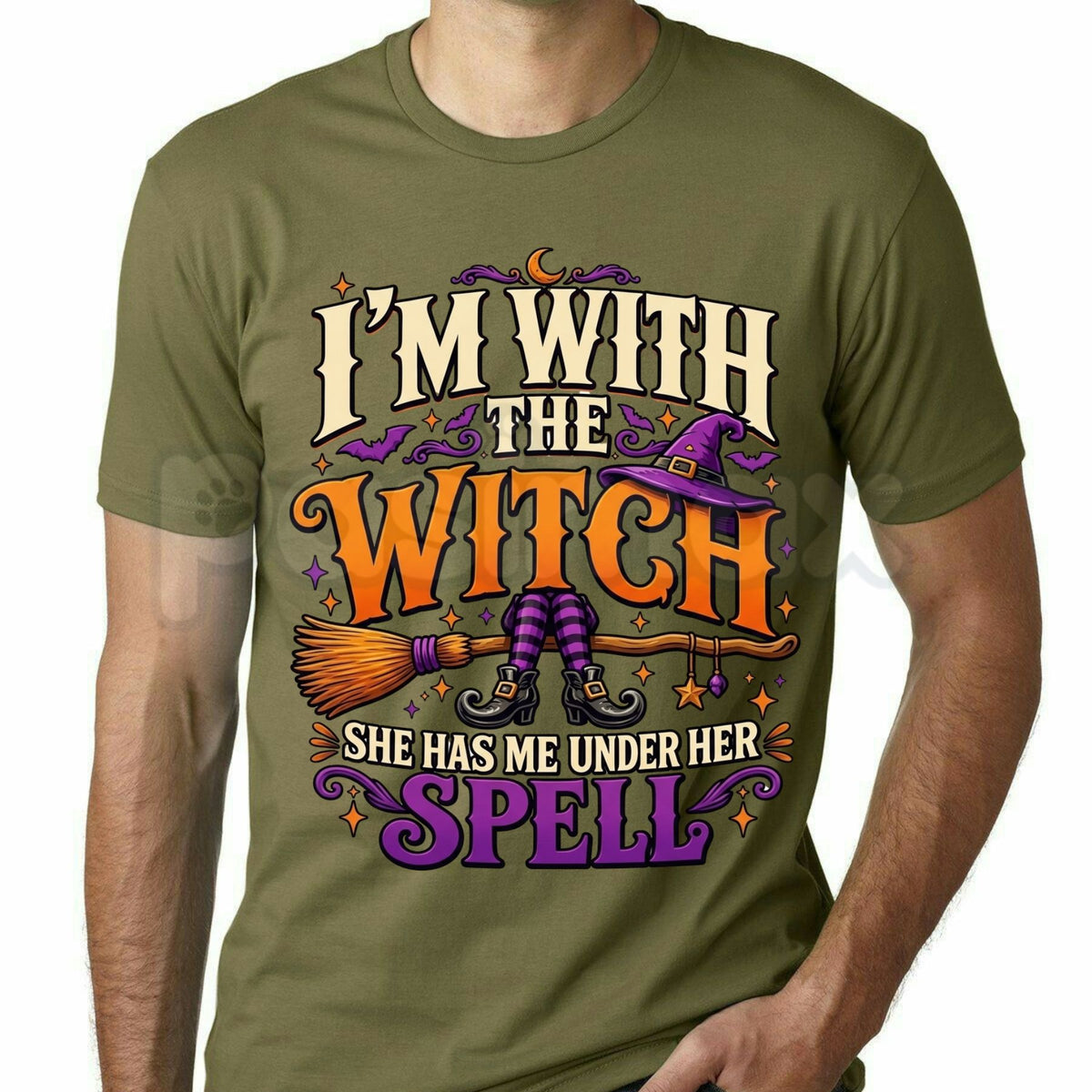 I'm With The Witch T-Shirt – Funny Halloween Broomstick Couples Costume Graphic Tee