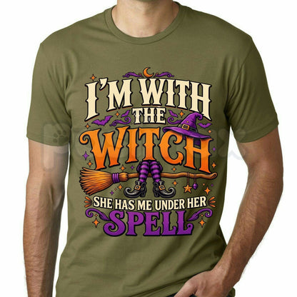 I'm With The Witch T-Shirt – Funny Halloween Broomstick Couples Costume Graphic Tee