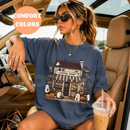 Comfort Colors® Spooky Coffee Shop T-Shirt – Halloween Coffee Lover Graphic Tee, Vintage Ghost Cafe Unisex Top