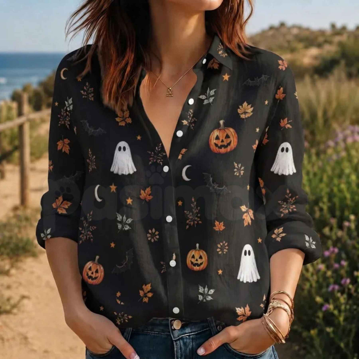 Halloween Ghost Pumpkin Fall Blouse – Spooky Long Sleeve Top, Cute Autumn Leaves Apparel & Fall Festival Outfit
