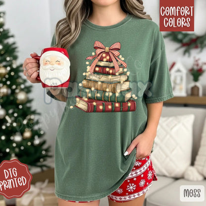 Comfort Colors® Book Stack Christmas Tree T-Shirt – Cozy Reading Holiday Apparel, Literary Gift for Readers