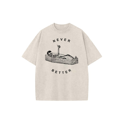 "Never Better" Skeleton Round Neck Acid Washed T-Shirt – Casual Comfort for Everyday Wear