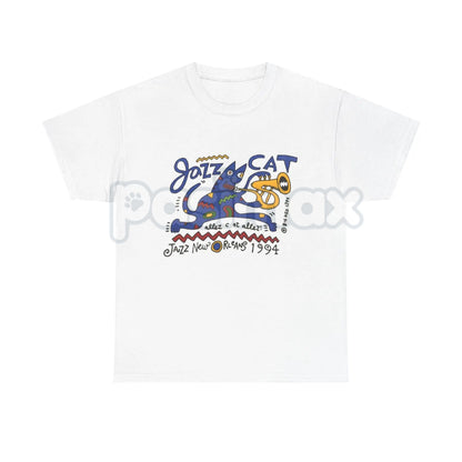 Vintage Jazz Cat "Midnight Session" T-Shirt - Retro Saxophone Cat Graphic Tee, Blue Note Style Jazz Apparel, Mid-Century Modern Music Shirt, Lofi Aesthetic Sax Cat Top, Premium Heavyweight Musician Gift