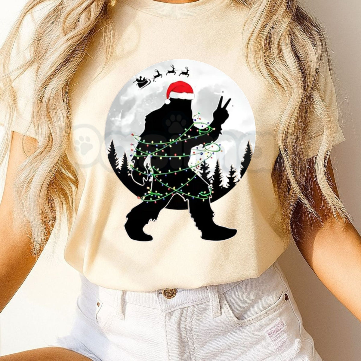 Funny Bigfoot Christmas Unisex Crew Neck T-Shirt – Santa Hat Bigfoot Christmas Lights Moon Graphic Tee