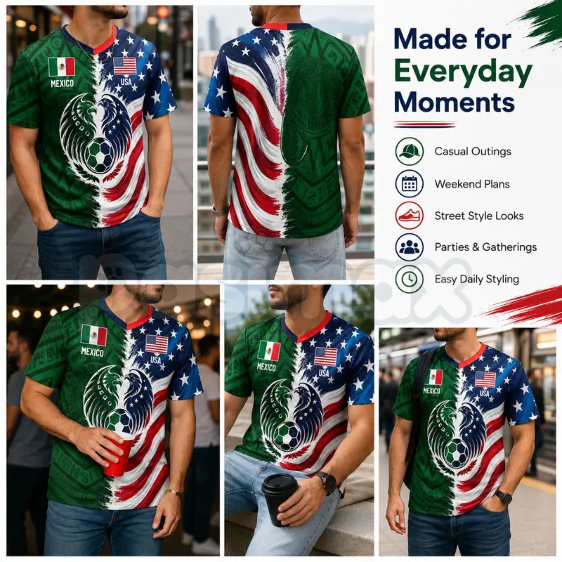 メキシコ プロ野球 アルゴドネロスデグアサベ ベースボールシャツ ユニフォーム Split Half Mexico & USA Tribal V-Neck Shirt – Pasimax