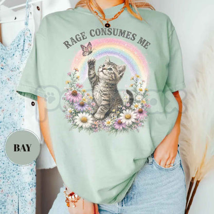Comfort Colors® "Rage Consumes Me" Funny Cat T-Shirt – Retro Floral Kitten Rainbow Graphic Tee, Sarcastic Mental Health Unisex Top