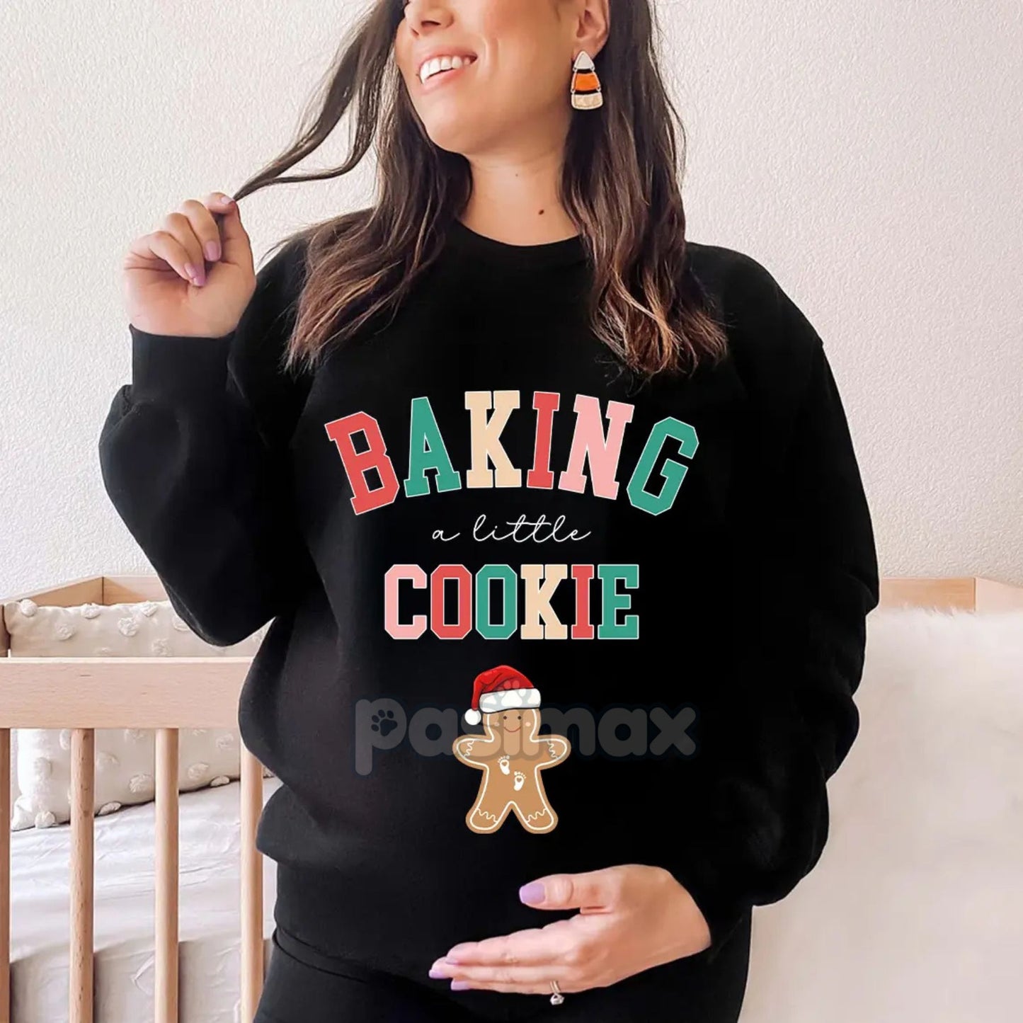 Baking a Little Cookie Pregnancy Announcement Sweatshirt – Holiday Oven Bun Reveal Top