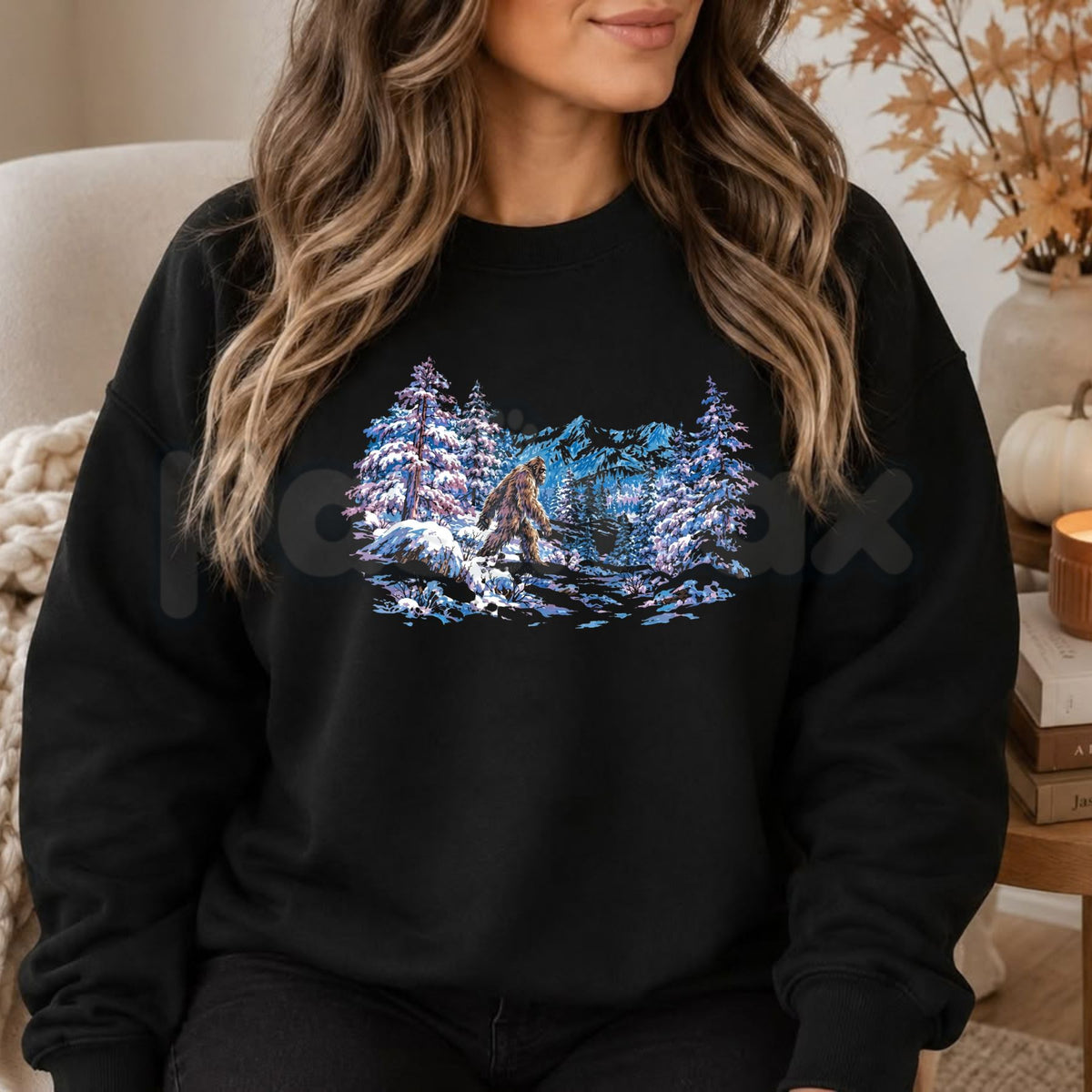 Vintage Sasquatch Snowy Forest Sweatshirt | Retro Bigfoot Winter Graphic Crewneck