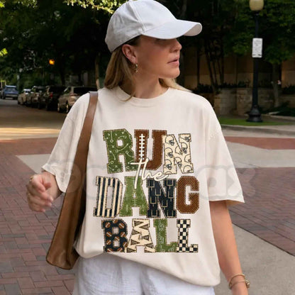 Comfort Colors® Patchwork "Run The Dang Ball" Football T-Shirt – Leopard Print Graphic Tee, Sports Mom Unisex Top & Gift