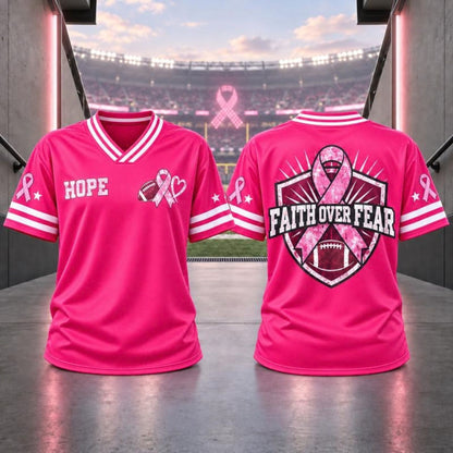 Pink Ribbon Breast Cancer Awareness V-Neck Football T-Shirt – Hope & Support Athletic Graphic Tee
