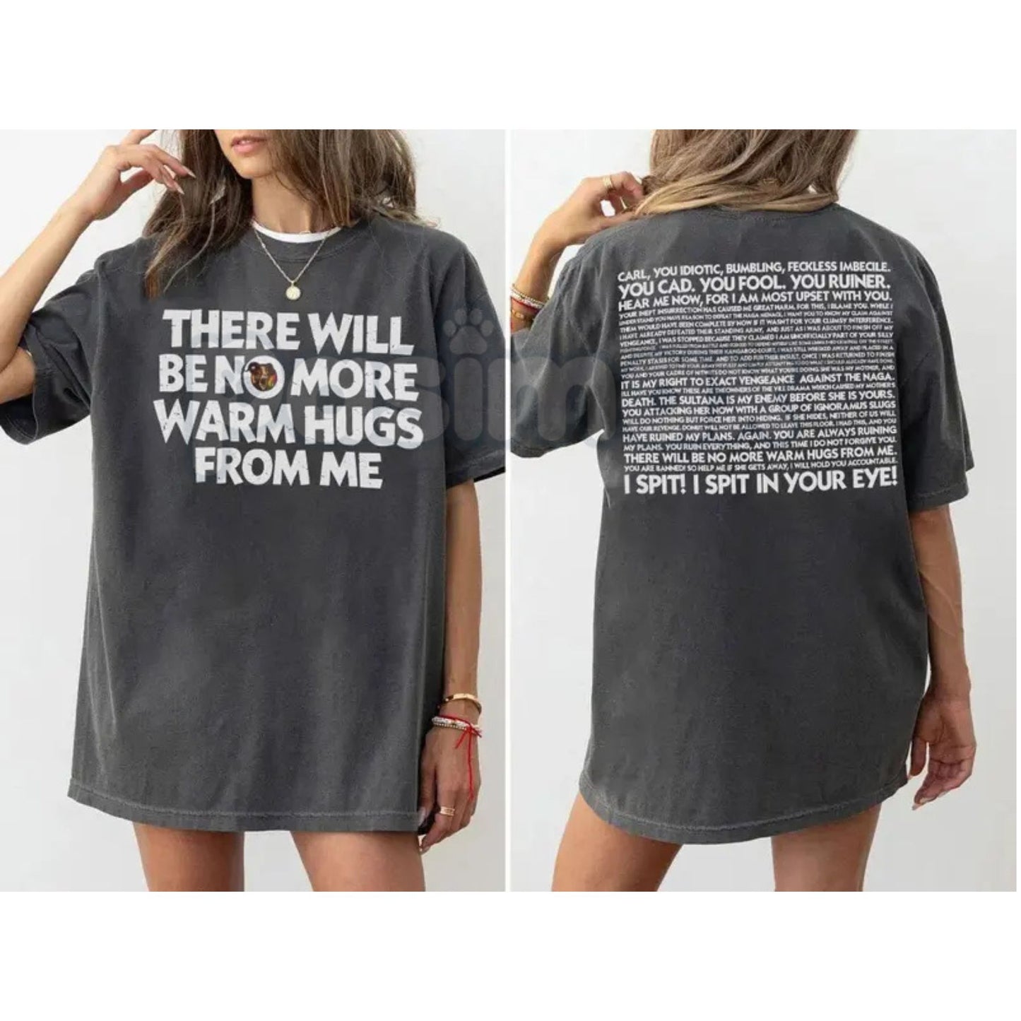 Comfort Colors® Prepotente "No More Warm Hugs" T-Shirt – Two-Sided Dungeon Crawler Carl Tee, Princess Donut & Carl Graphic Shirt, LitRPG Book Lover Gift