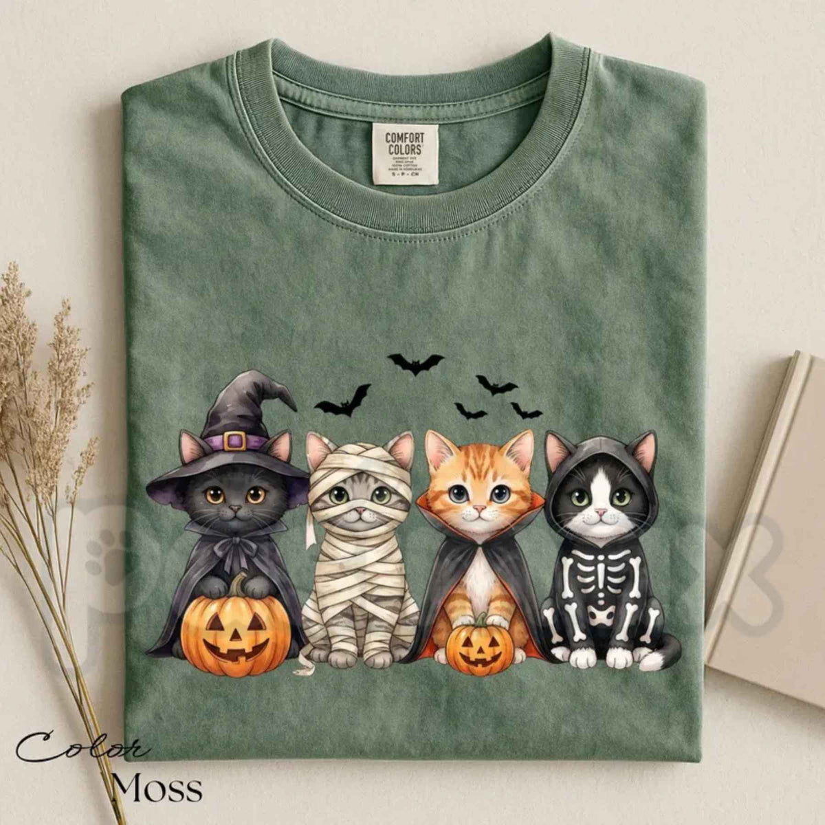Comfort Colors® Halloween Cat T-Shirt – Spooky Cats & Pumpkin Graphic Tee, Retro Cat Lover Fall Unisex Top & Gift