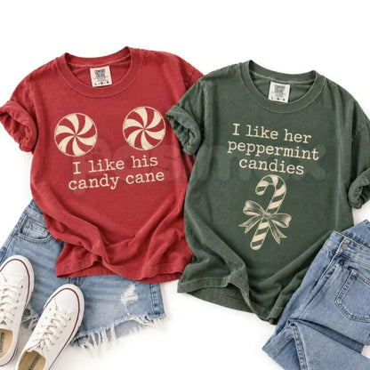 Comfort Colors® I Like His Candy Cane & I Like Her Peppermint Candies T-Shirts – Funny Christmas Couples Matching Graphic Tees, Holiday Unisex Top & Gift