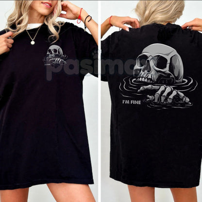 "I'M FINE" Drowning Skull Black Print T-Shirt - Gothic Humor Graphic Tee, Sarcastic Men's Apparel, Dark Aesthetic Skull Shirt