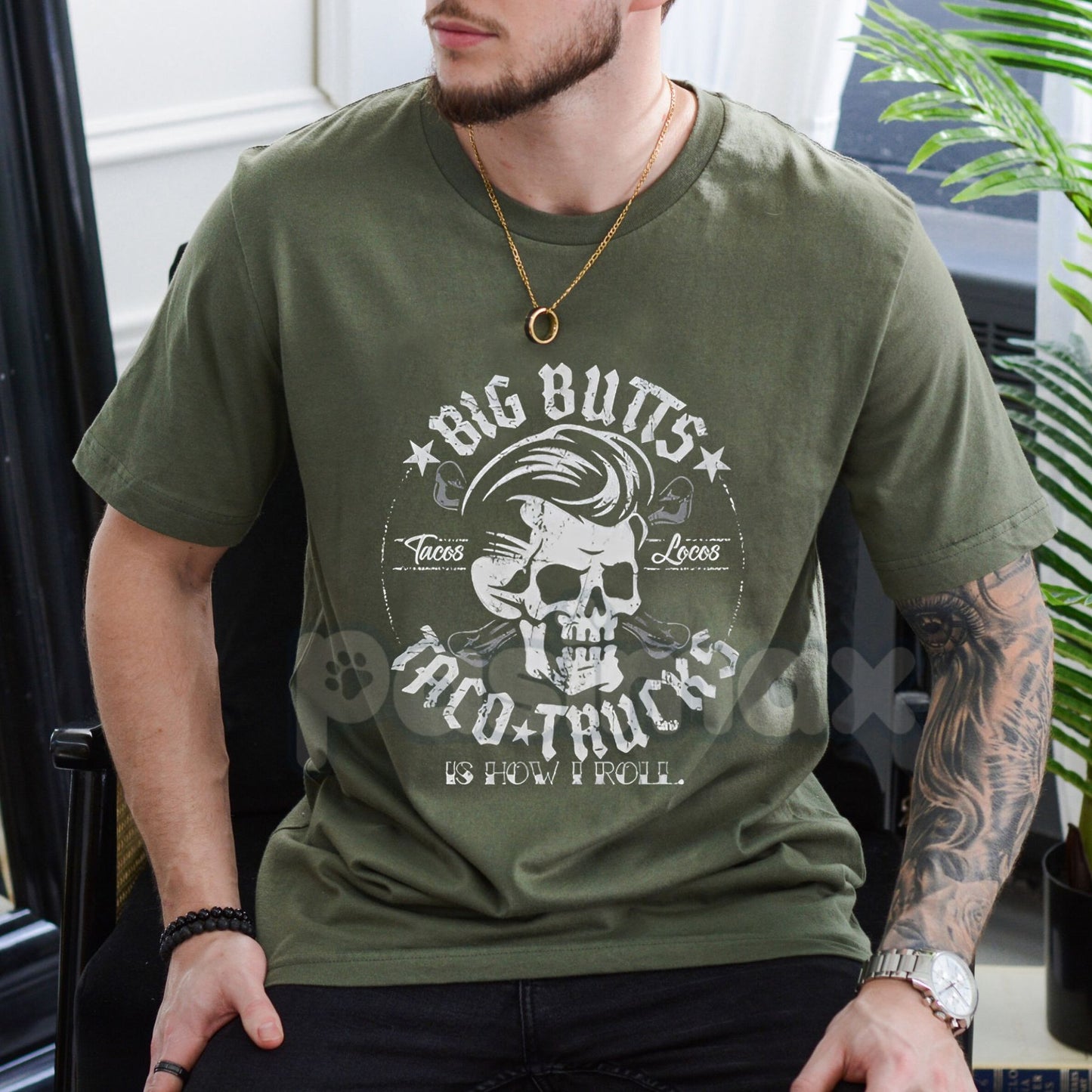 BIG BUTTS & TACO TRUCKS Funny Skull Print Men's T-Shirt - Funny Slogan Graphic Tee, Irreverent Street Food Apparel, Edgy Casual Gift for Him