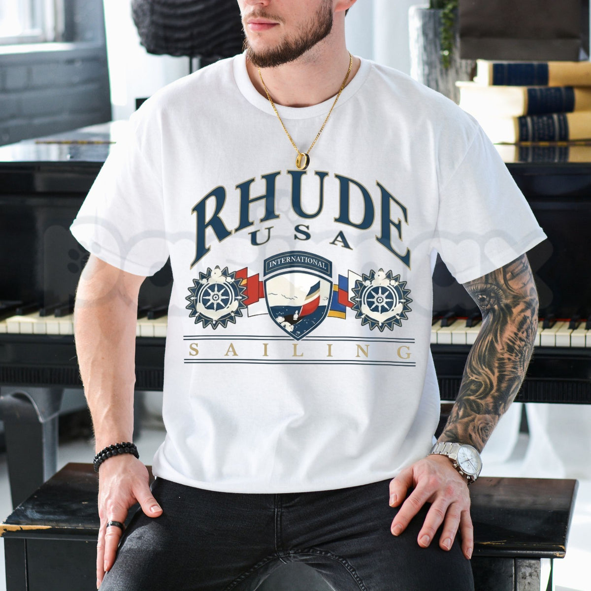 Rhude USA Sailing Icon T-Shirt – Luxury Vintage Nautical Streetwear Graphic Tee
