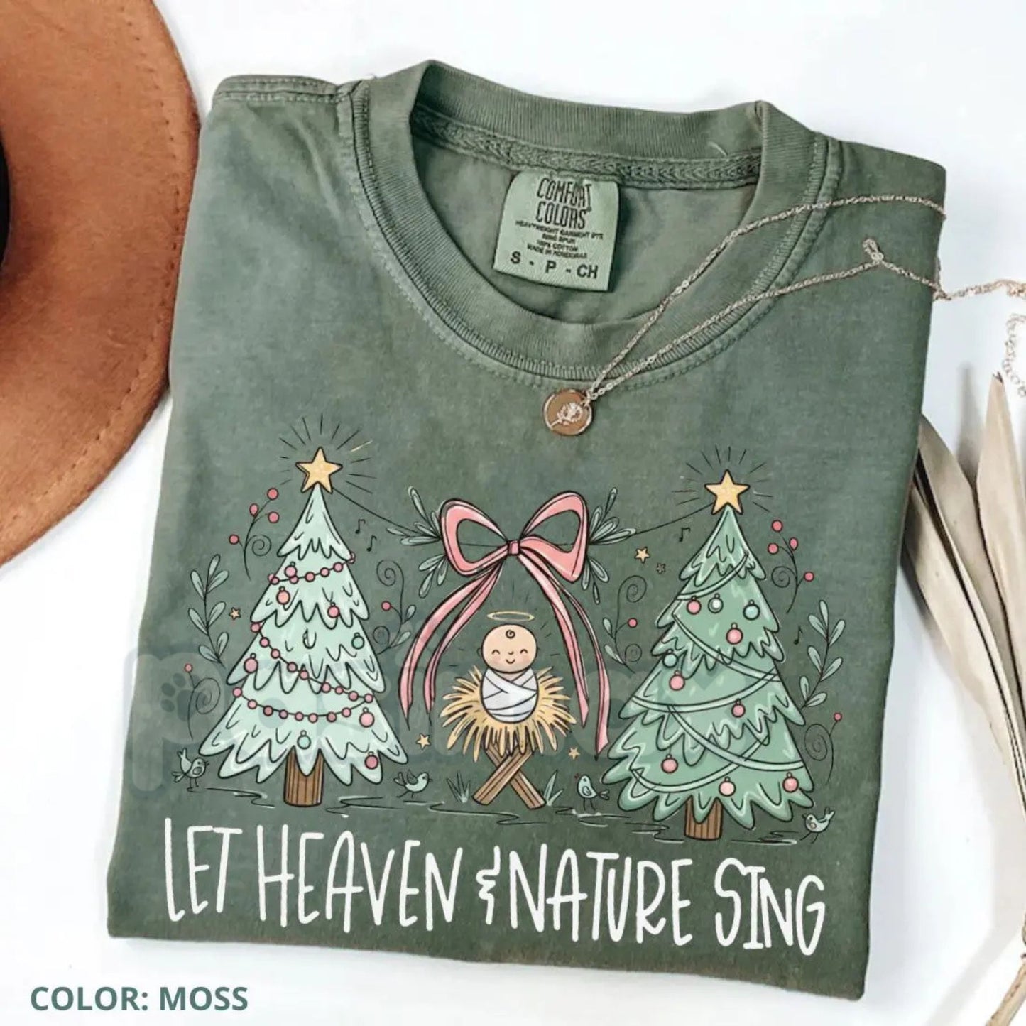 'Heaven and Nature Sing' Comfort Colors® T-Shirt – Whimsical Christmas Nativity Bow Trees Tee, Cozy Holiday Gospel Shirt