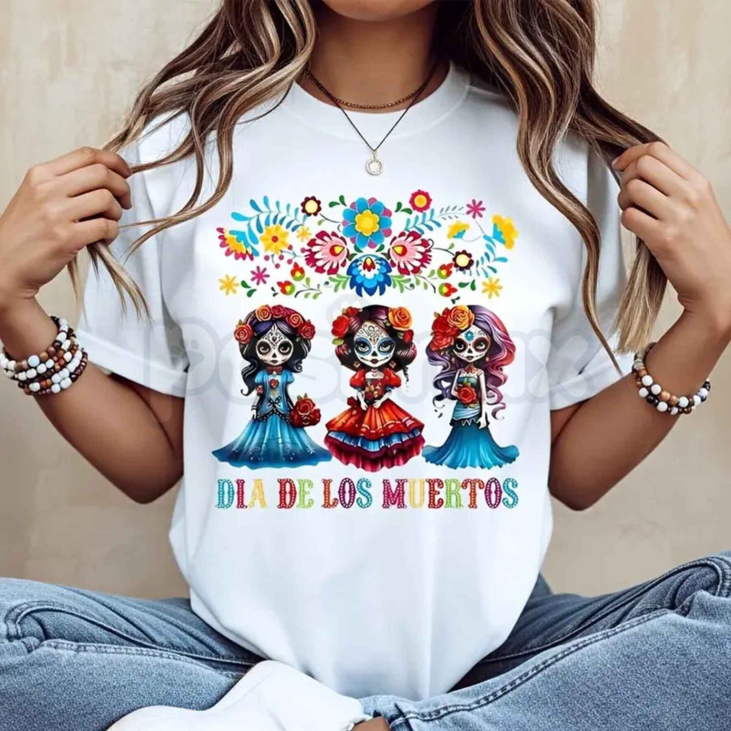 Colorful Floral Sugar Skull Girls Dia De Los Muertos T-Shirt – Mexican Day of the Dead Festival Unisex Graphic Tee