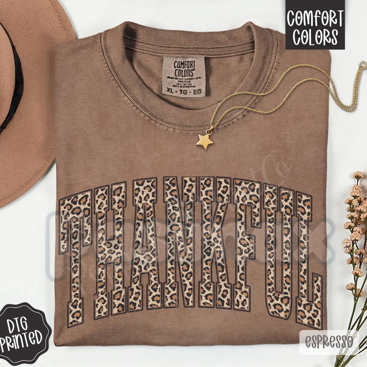 Comfort Colors® 'Thankful' Leopard Print Tee – Trendy Women's Fall Shirt, Vintage Thanksgiving Apparel