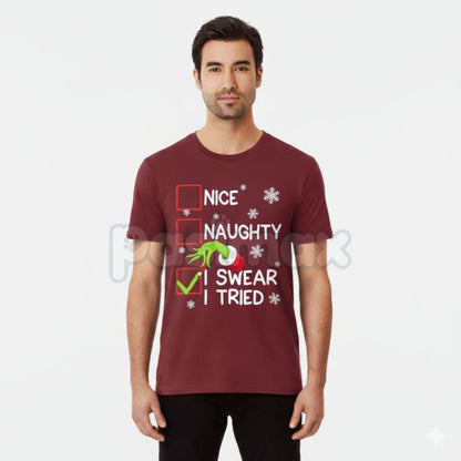 Groovy Naughty "I Swear I Tried" Christmas Holiday Unisex Tee - Funny Self-Aware Slogan Shirt, Retro Christmas Humor Apparel, Unisex Holiday Gift