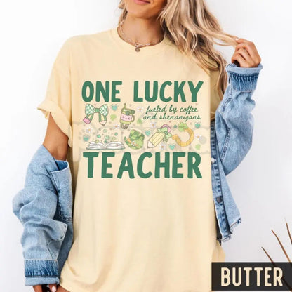 Comfort Colors® One Lucky Teacher St. Patrick's Day T-Shirt – "Fueled By Coffee and Shenanigans" Tee, Retro Shamrock Teacher Shirt, Lucky Educator Graphic Top