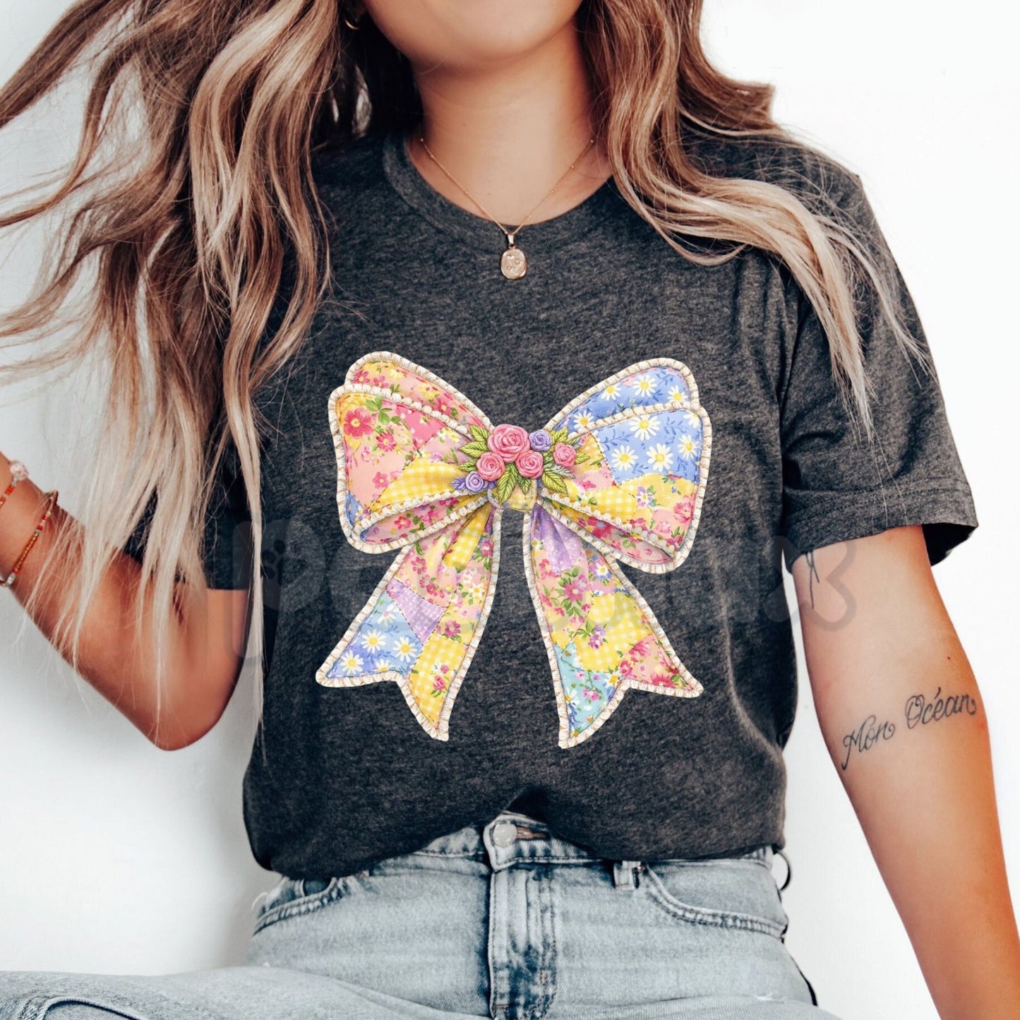 Comfort Colors® Hand-Painted Quilted Bow T-Shirt – Trendy Watercolor Pearl Bow Tee, Aesthetic Coquette Ribbon Shirt, Preppy Grandmillennial Women's Top