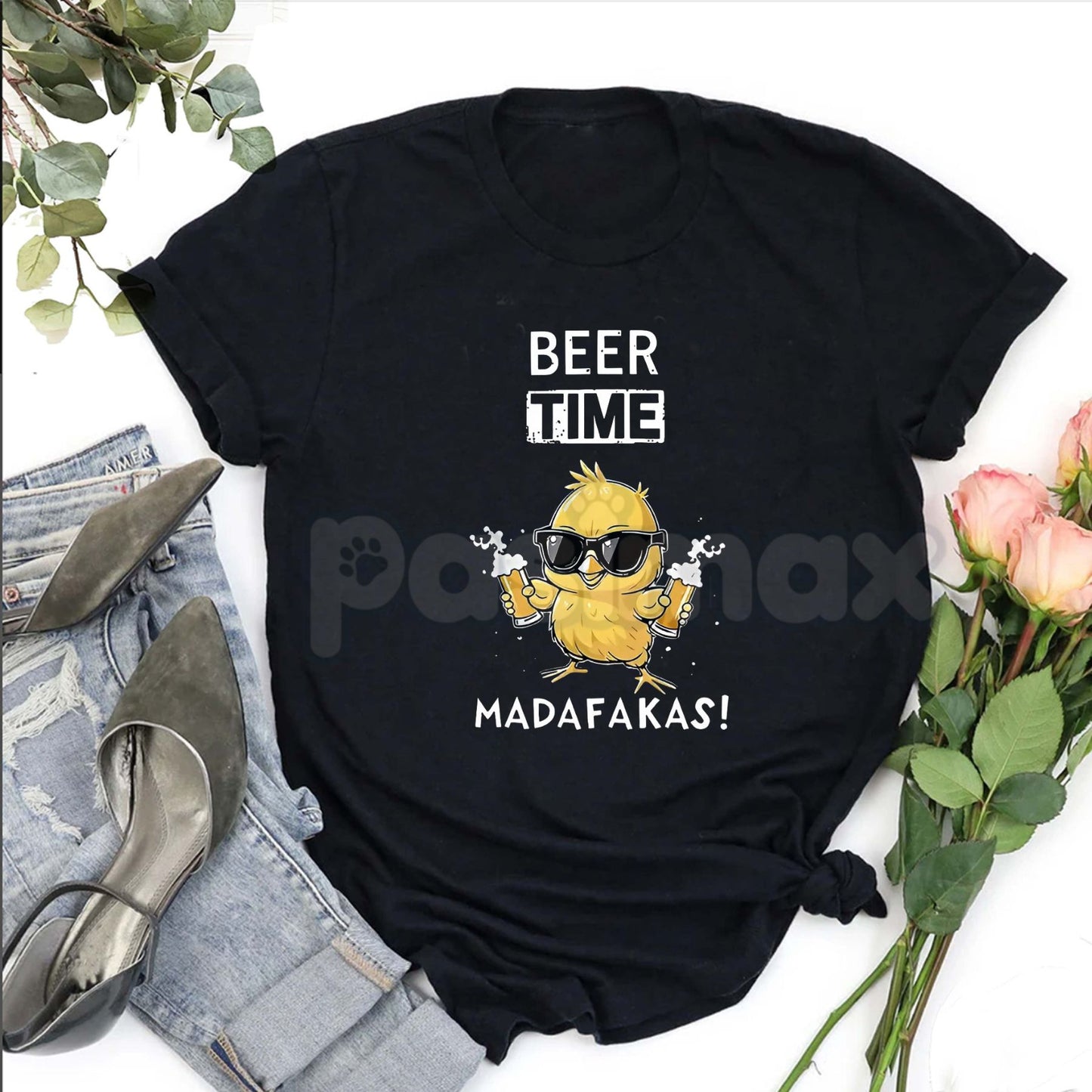 "Beer Time" Rustic Chicken Graphic T-Shirt - Bold Funny Drinking Apparel, Farm Humor Casual Tee, Weekend Relaxation Slogan Shirt