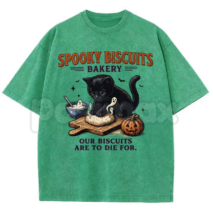 Spooky Biscuits Black Cat Halloween Graphic Washed Tee – Retro Feline Meme Shirt, Vintage Acid Wash Lightweight Cotton Unisex Streetwear Top