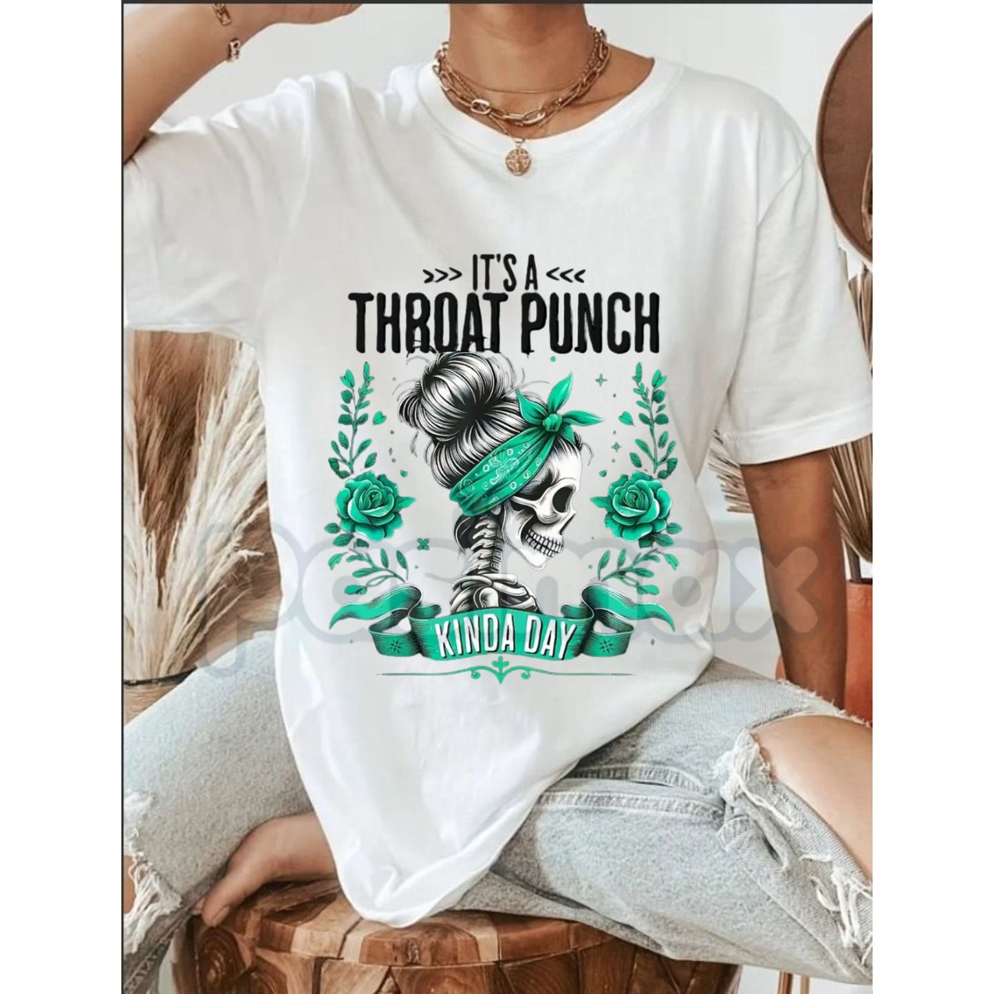 "It's A Throat Punch Kinda Day" Skull & Roses T-Shirt – Men's Edgy Biker Style Graphic Tee, Premium 100% Cotton Sarcastic Attitude Top, Soft Lived-In Heavyweight Gritty Statement Shirt, Made in USA