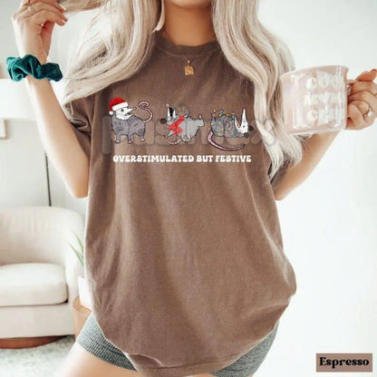 Comfort Colors® 'Overstimulated But Festive' Possum Christmas Shirt – Funny Holiday Possum Tee, Vintage Christmas Shirt