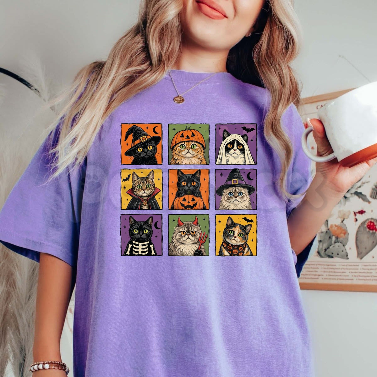 Comfort Colors® Halloween Cat Graphic T-Shirt – Vintage Black Kitty Costume Tee, Spooky Season Witchy Pet Mom Unisex Top & Gift