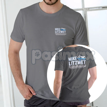Mike Litzwet Roofing and Gutter Co. T-Shirt - Funny Pun Name Graphic Tee, Blue Collar Humor Apparel, Ironic Business Logo Shirt
