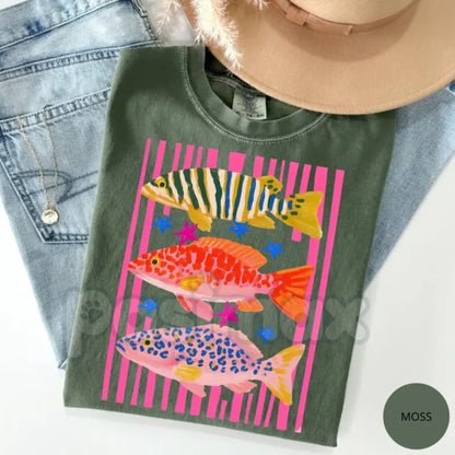 Comfort Colors® Preppy Fish T-Shirt – Colorful Maximalist Female Fishing Shirt, Aesthetic Sublimation Style Graphic Tee, Trendy Angler Gift for Her