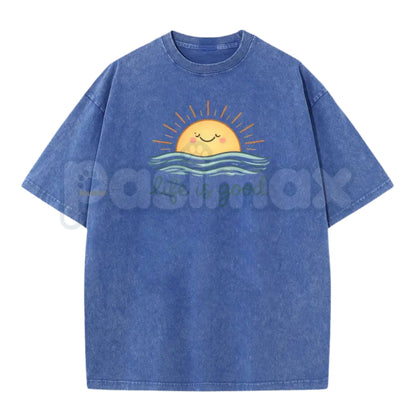 Life is Good Vintage Washed T-Shirt – Retro Crew Neck Graphic Tee, Positive Vibes Lightweight Cotton Top, Sincere Inspirational Streetwear
