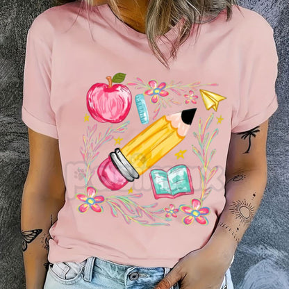 Comfort Colors® Retro Pencil & Apple Teacher T-Shirt – Vintage Style Kindergarten Teacher Shirt, Back to School Educator Gift, Aesthetic Teacher Appreciation Tee