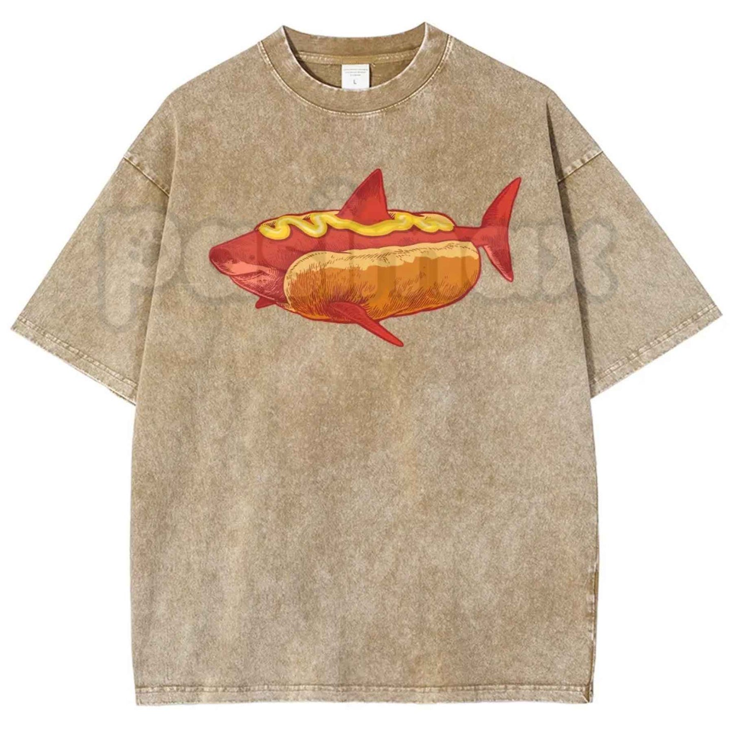 Shark Hotdog Funny Food Meme T-Shirt – Retro Weirdcore Graphic Tee, Vintage Washed Lightweight Cotton Unisex Streetwear Top
