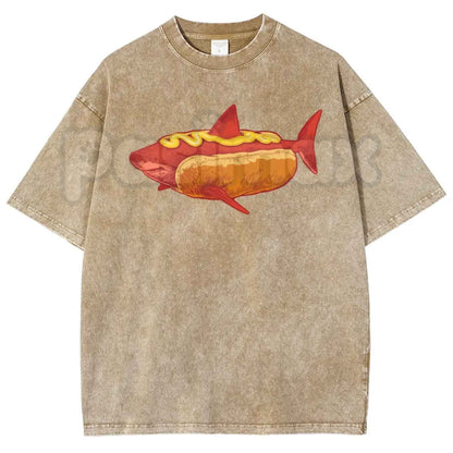 Shark Hotdog Funny Food Meme T-Shirt – Retro Weirdcore Graphic Tee, Vintage Washed Lightweight Cotton Unisex Streetwear Top