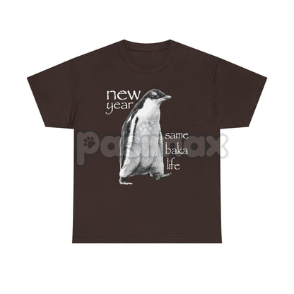 "New Year Same Baka Life" Penguin T-Shirt - Funny Anime Meme Shirt, Ironic New Year Slogan Tee, Weeb Culture Gift