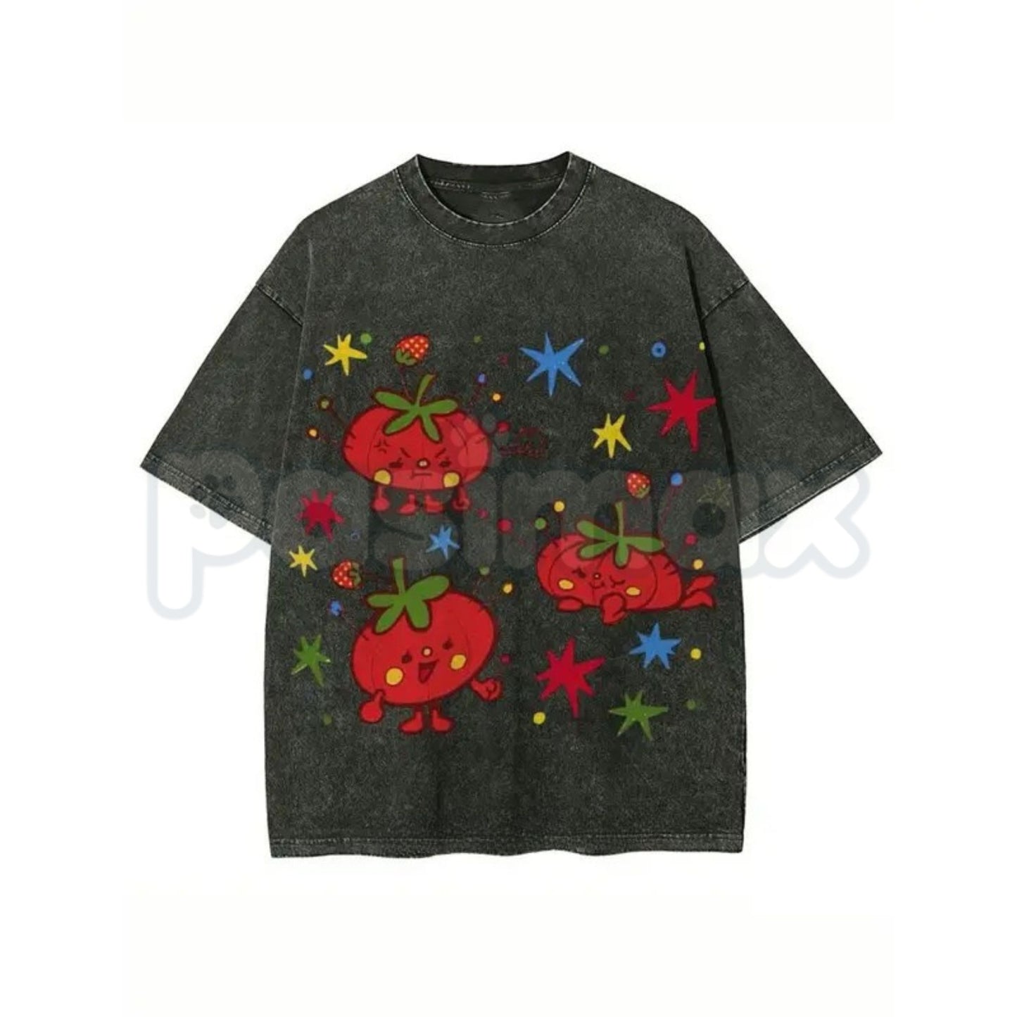 Cute Tomato Party Print T-Shirt – Retro Garden Vegetable Graphic Tee, Lightweight Vintage Washed Cotton Summer Top
