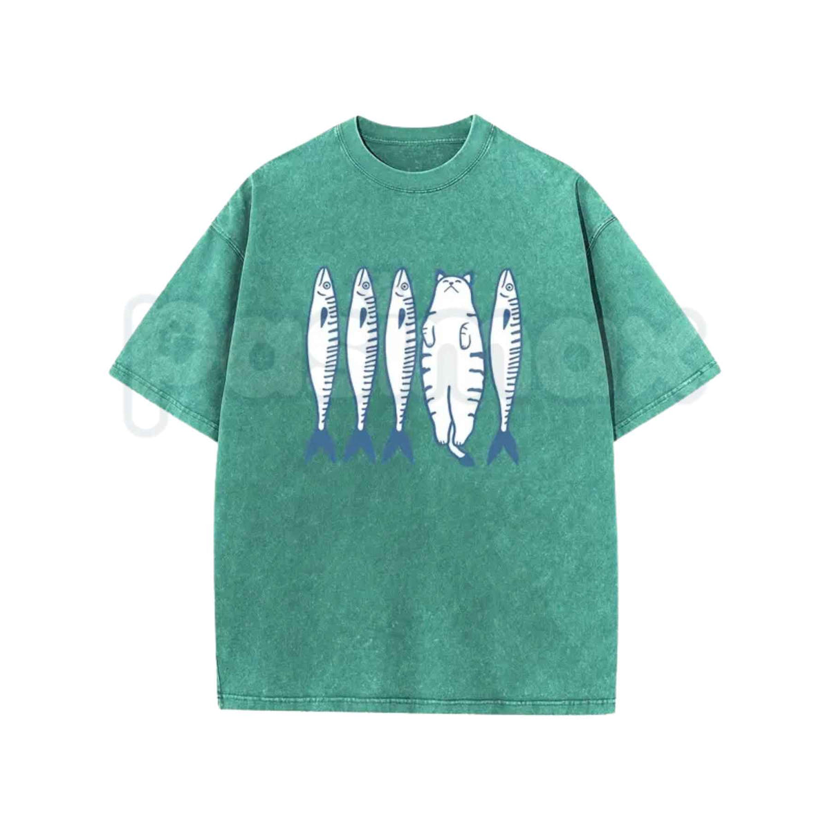 Cotton Acid Wash Short Sleeve Top Cat And Fish Cartoon Graphic T-Shirt – Retro Animal Illustration Tee, Vintage Washed Lightweight Cotton Unisex Streetwear Top