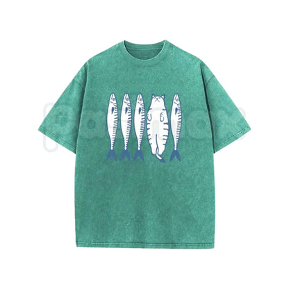 Cotton Acid Wash Short Sleeve Top Cat And Fish Cartoon Graphic T-Shirt – Retro Animal Illustration Tee, Vintage Washed Lightweight Cotton Unisex Streetwear Top