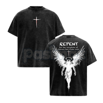 The Kingdom Mandate: Repent Vintage Washed Tee – Heavy Cotton Christian Streetwear, Gospel Angel Wings Shirt