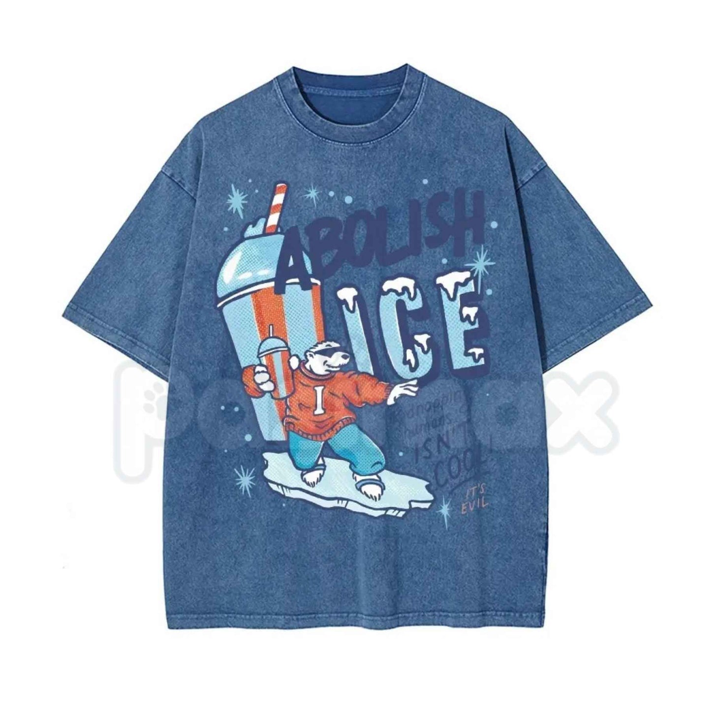 Unisex ABOLISH ICE Polar Bear Graphic Top – Political Activism Streetwear T-Shirt, Retro Environmental Social Justice Washed Cotton Tee