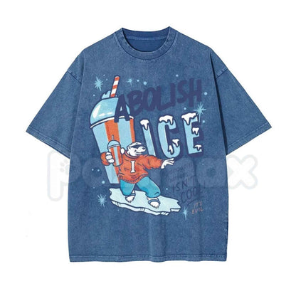 Unisex ABOLISH ICE Polar Bear Graphic Top – Political Activism Streetwear T-Shirt, Retro Environmental Social Justice Washed Cotton Tee